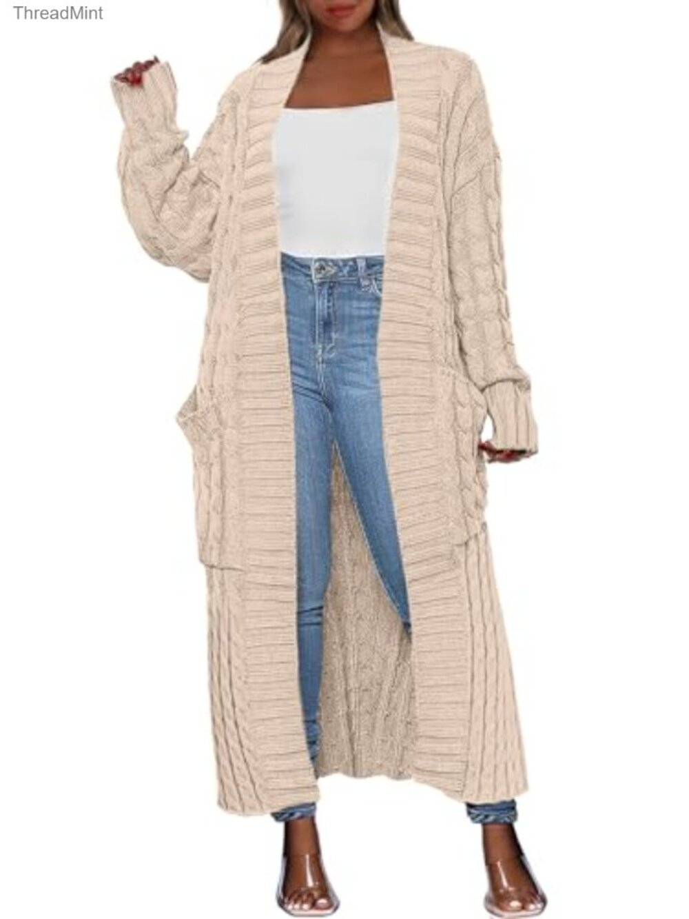 Long Open Front Cable Knit Cardigan Sweater Coat with Pockets